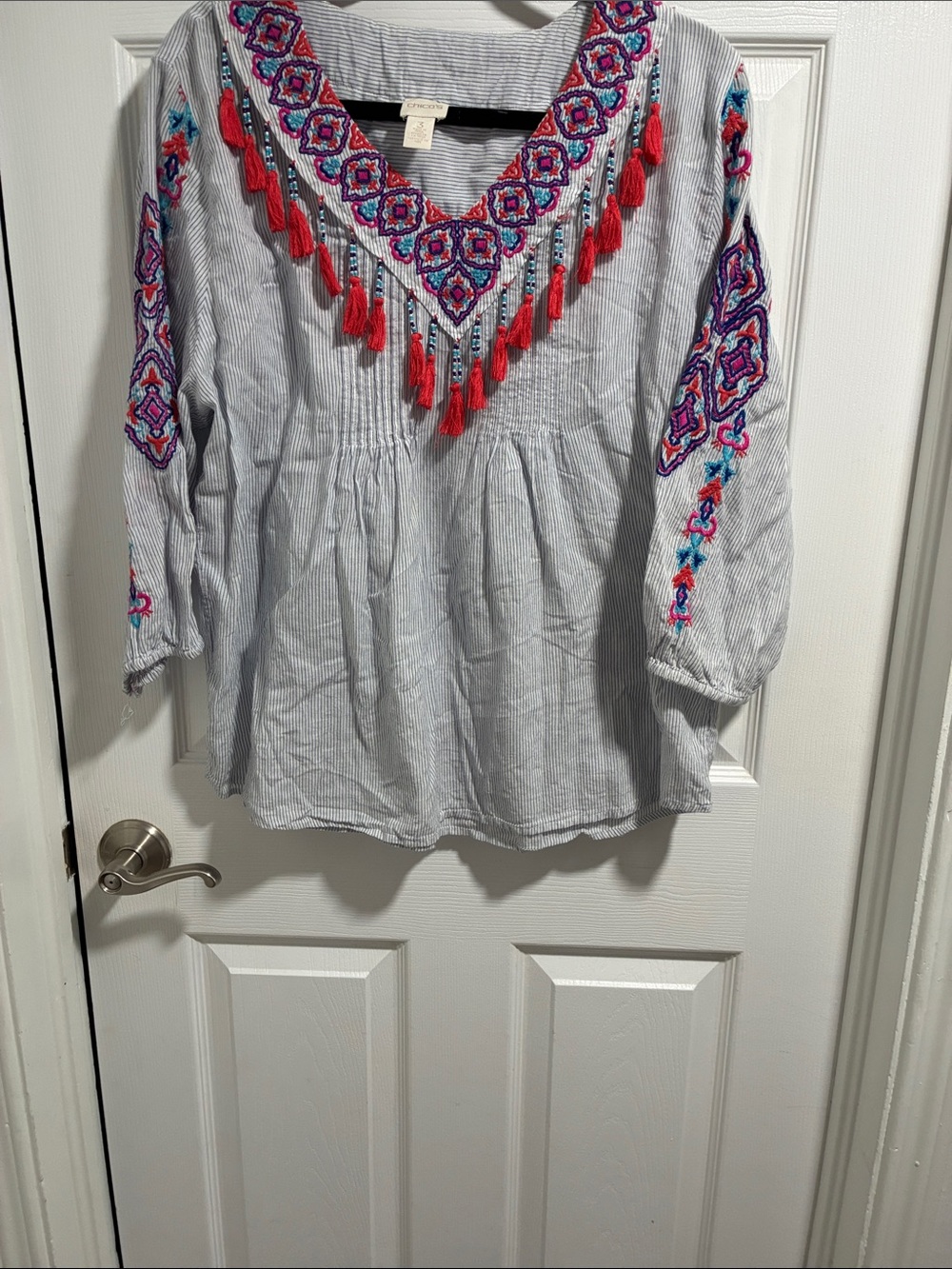 Chico's Light Blue Striped Tunic with Pink & Red Embroidery size 3